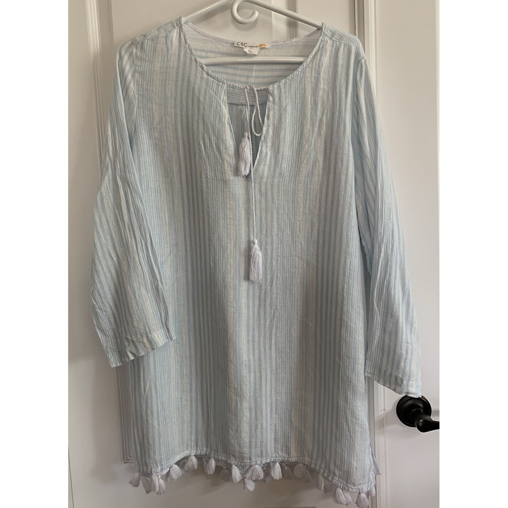C&C California Women's Sz L Blue And White Long Sleeve Coverup Tassel Beach Boho